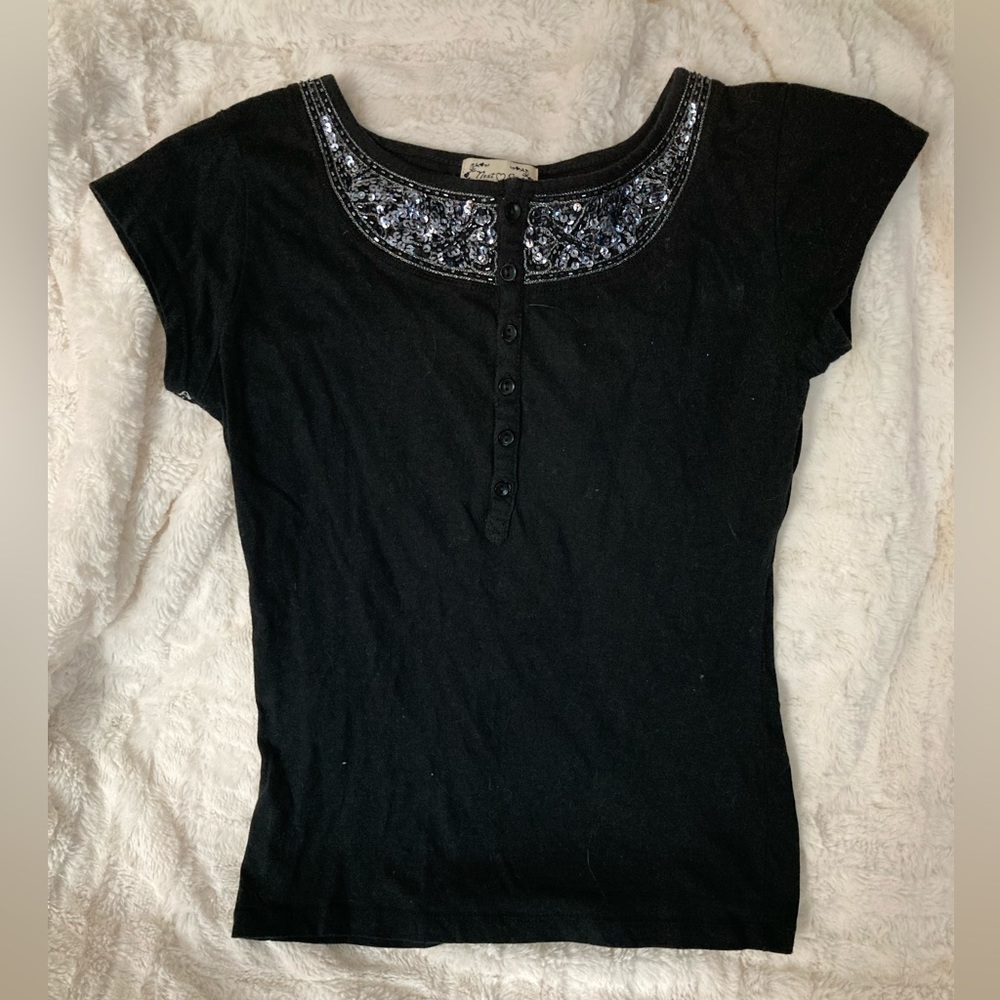 Black Sequin & Beads Short Sleeved Top by Next Era, sz Large (Girls) EUC